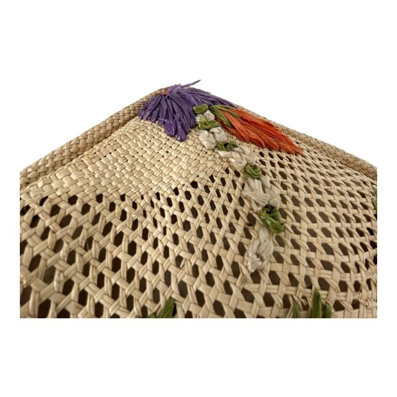 Vintage Hand Woven Large Straw Grass Raffia Shoulder Bag Floral Vacation Beach - Picture 3 of 7